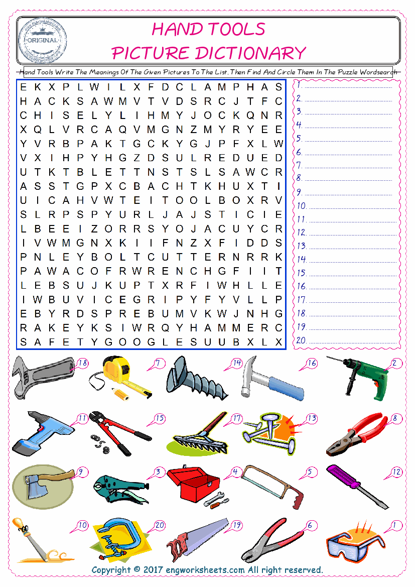  For kids, check the picture of Hand Tools find, and write the word and find it in the word puzzle ESL printable worksheet. 